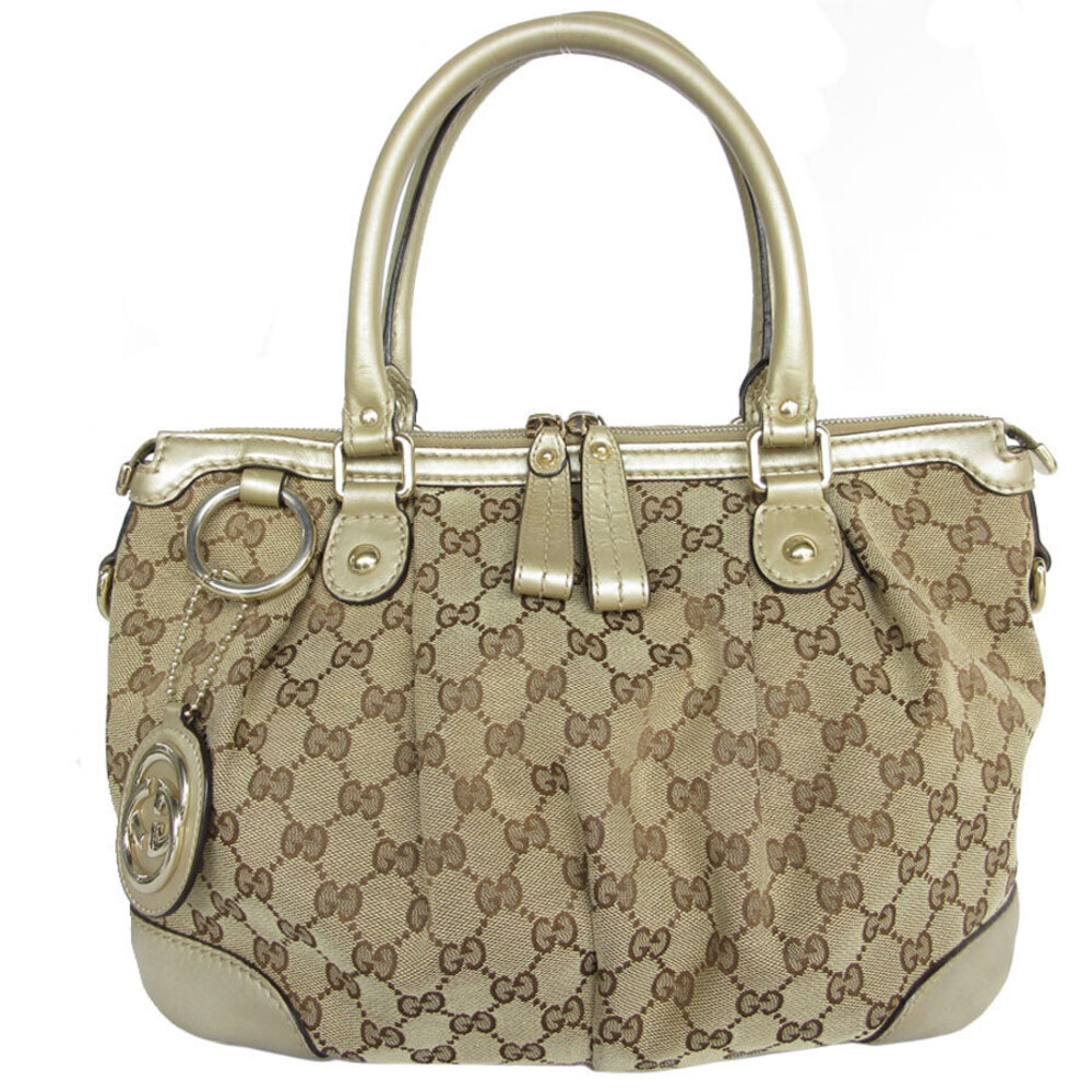 Gucci Handbag GG Canvas Leather Beige Gold